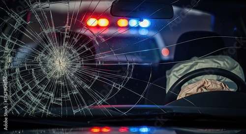 Wallpaper Mural Damaged windshield inside car, active police lights, airbag deployed, symbolizing alcohol impaired driving consequences during prevention month. Torontodigital.ca