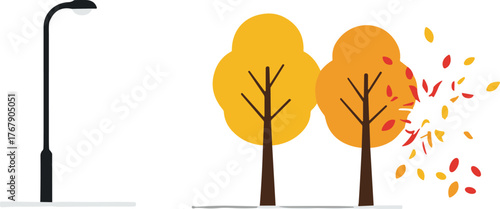 Autumn tree vector illustration, streetlamp with falling leaves, seasonal foliage in orange and yellow, white background for nature design reference