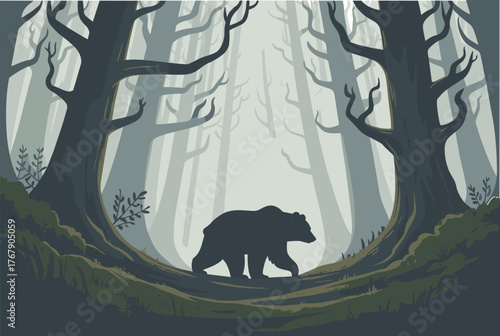 Bear silhouette vector illustration, dark forest with leafless trees, misty background, wildlife scene in nature, white backdrop for design reference