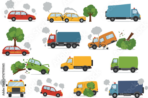 Car accident vector illustration, fifteen cartoon vehicle crash scenes with smoke, fire, and trees, white background for safety design reference
