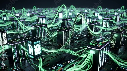 Futuristic digital landscape with glowing circuits and data flow in a tech hub