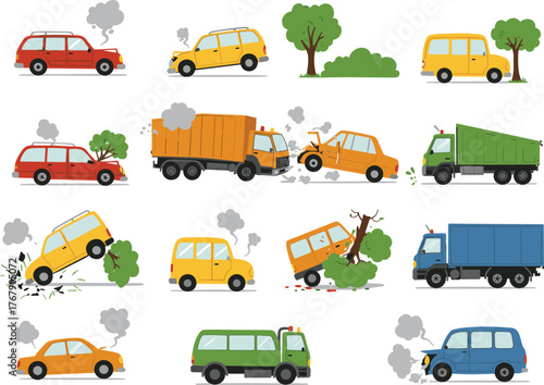 Car accident vector illustration, fifteen vehicle scenarios with crashes, smoke, fire, and trees, white background for safety and design reference