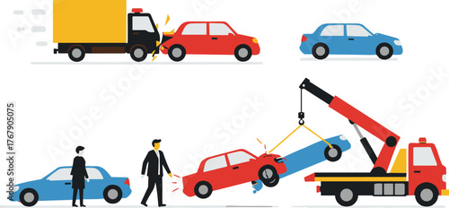 Car accident vector illustration, multi-vehicle collision with tow truck, damaged cars and people, white background for safety and design reference