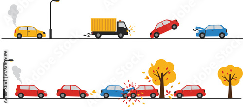 Car accident vector illustration, multi-vehicle collisions with truck, tree impact, autumn leaves, white background for safety and seasonal design reference