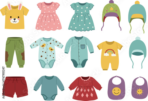 Children’s clothing vector illustration, assorted outfits and accessories including dresses, onesies, hats, bibs, and shirts, white background for fashion reference