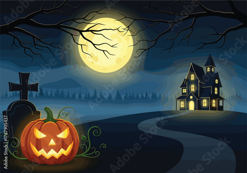 Halloween night vector illustration, spooky moonlit scene with haunted house, jack-o'-lantern, graveyard, misty forest, white background for festive design reference