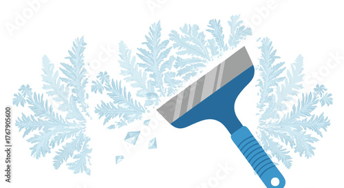 Ice scraper removing frost patterns from glass surface in winter  