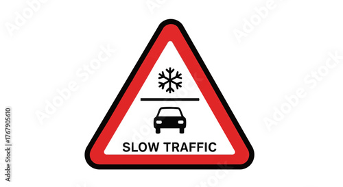 Slow traffic warning sign indicating winter conditions and caution  