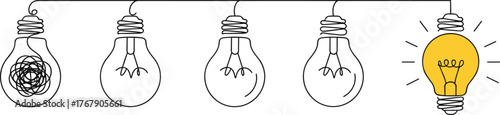 Light bulb vector illustration, sequence from tangled thought to bright idea, symbolic concept of creativity, clarity, problem-solving, white background