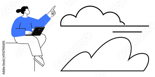 Person sitting with laptop pointing upward toward cloud, symbolizing cloud storage, tech advancements, inspiration, remote work, innovation, digitally connected world, simple flat metaphor