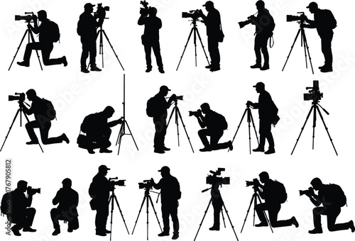 Photographer silhouette vector illustration, eighteen black figures with tripods in diverse stances, white background for photography and design reference
