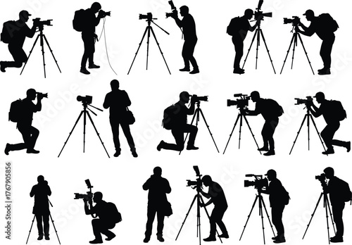 Photographer silhouette vector illustration, sixteen black figures with tripods in diverse poses, white background for outdoor photography and design reference