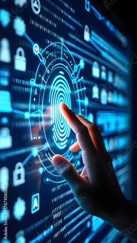 Cyber security system and data protection concept. Man using fingerprint scanning access data with data center as background, biometric identity, data encryption for network security of cyber attack 