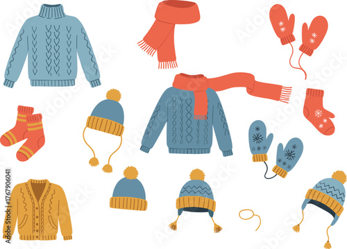 Winter clothing vector illustration, sweaters, scarves, socks, hats, mittens in cozy styles, white background for seasonal fashion and design reference