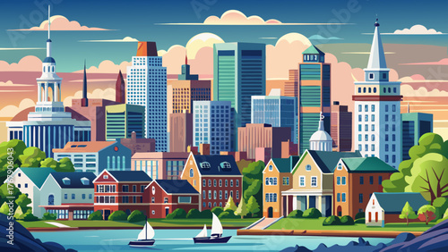 Very beautiful, view of the skyline of New London, Connecticut, USA, showcasing modern buildings, historic architecture, waterfront, and vibrant urban cityscape under clear skies along the Long Island