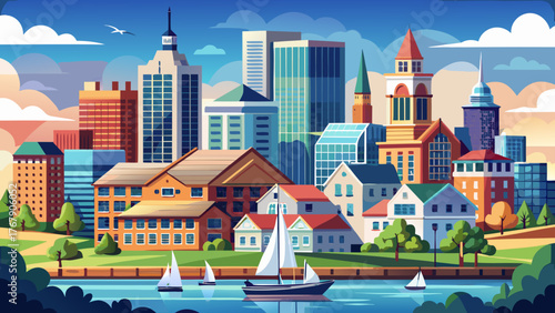Very beautiful, view of the skyline of New London, Connecticut, USA, showcasing modern buildings, historic architecture, waterfront, and vibrant urban cityscape under clear skies along the Long Island