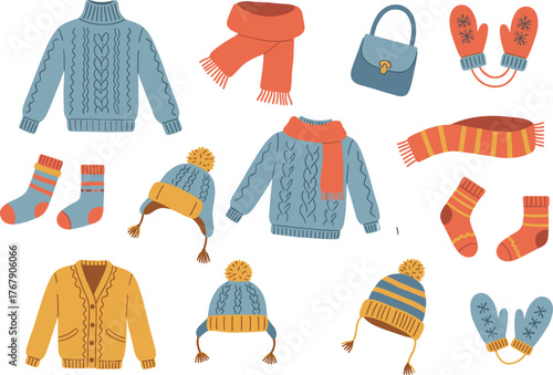 Winter clothing vector illustration, sweaters, scarves, socks, hats, mittens, and handbag in colorful styles, white background for seasonal fashion reference
