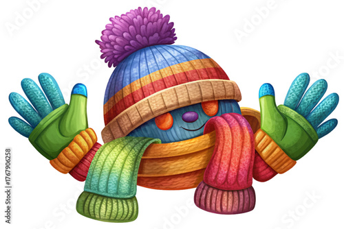 Knitted wool hat, scarf, and gloves isolated on white background symbolizing cozy winter warmth and seasonal comfort