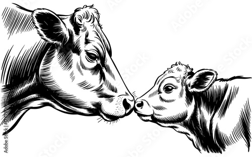 a tender moment between a cow and her calf gently touching noses, symbolizing love and care.
