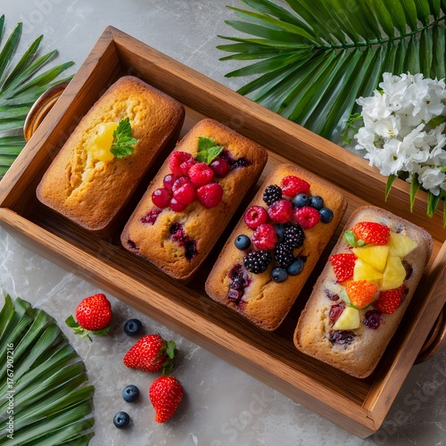 Assorted mini loaf cakes with fresh berries, pineapple, and citrus, wooden tray, tropical leaves, flowers and fruit, gourmet dessert flat lay