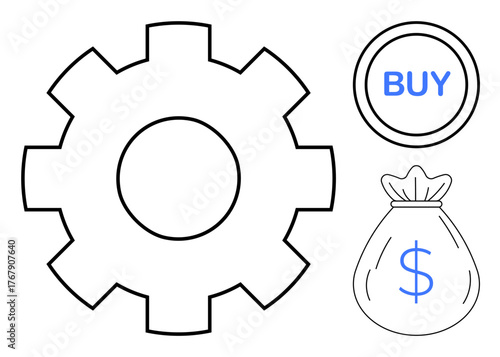 Gear symbolizing workflow, buy button, and money bag linked to economic activity and financial systems. Ideal for commerce, investment, business strategy, financial management, procurement, work