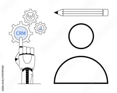 Robotic hand activating CRM gear, smaller gears with user and graph, user icon, pencil. Ideal for automation, technology, business, CRM systems, innovation productivity futuristic design