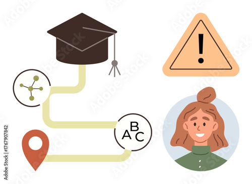Graduation cap, educational pathway with steps, molecular structure, location pin, caution alert, and female student portrait. Ideal for education, planning, decision-making personal growth career