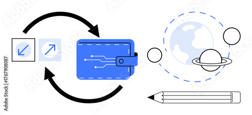 Wallet with circuit pattern, directional arrows, planet orbit graphic, and pencil. Ideal for finance, creativity, innovation, strategy design technological progress and exploration. A simple flat