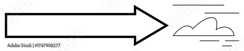 Large arrow pointing right, alongside cloud and wind lines symbolizing motion, speed, progress, and direction. Ideal for guidance, strategy, innovation, goal pursuit leadership focus simple flat