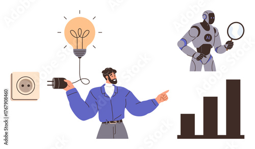 Man with plug pointing at lightbulb, robot with magnifier, and growth chart. Ideal for technology, innovation, AI, creativity, energy analysis progress. Simple flat metaphor