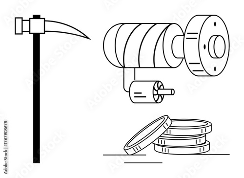 Pickaxe, mining equipment, and coins illustrate cryptocurrency mining. Ideal for technology, digital investment, blockchain, finance, innovation cryptocurrency economic growth. Simple flat metaphor