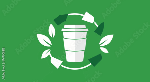 Recyclable coffee cup icon surrounded by green leaves and recycling symbols on a solid green background, representing sustainability