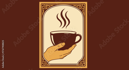 A hand gently holds a steaming cup of coffee, evoking warmth and comfort in a vintage-style frame