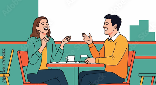 Joyful conversation between two friends at an outdoor cafe, sharing laughs and a relaxed coffee break in a vibrant city setting, depicting a pleasant social interaction