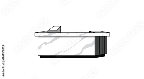 Modern reception desk illustration with a white marble texture and fluted side panel, a minimalist office or lobby furniture concept isolated on a white background