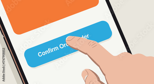Confirming an online order by tapping a button on a smartphone screen, a close-up shot of a finger pressing the 'Confirm Order' button on a mobile app interface