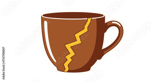 Ceramic cup with a golden kintsugi repair, highlighting the beauty of imperfection and restoration