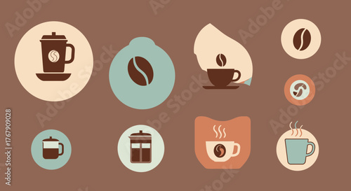 Set of Coffee and Coffee Maker Icons in Earthy Tones