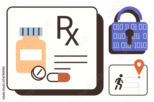 Pill bottle, capsules, and Rx sign for medical prescriptions. Padlock with binary code for cybersecurity. Running figure with map pin for tracking. Ideal for healthcare, security, technology