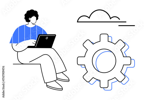 Person using laptop beside a large gear and cloud, symbolizing innovation, workflow optimization, and digital solutions. Ideal for teamwork, cloud computing, problem-solving, development, efficiency