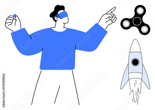 Man wearing VR headset, holding controls, pointing at abstract elements including fidget spinner and rocket launch. Ideal for technology, innovation, gaming, virtual worlds, creativity, future