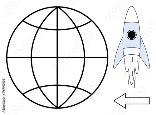 Rocket launch beside stylized globe and arrow pointing forward. Ideal for innovation, exploration, global connectivity, progress, technology, startups, future. Simple flat metaphor