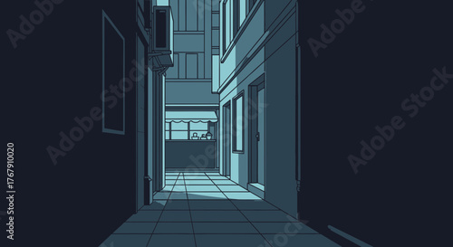 Perspective view down an empty, dark urban alley at night, with atmospheric shadows and a sense of quiet solitude