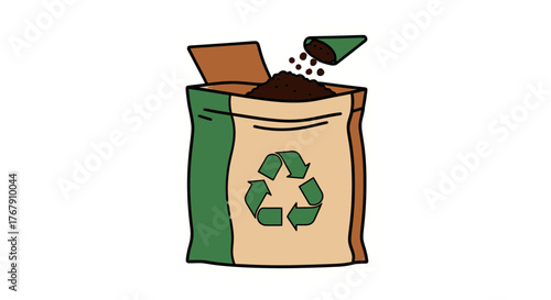 Eco-friendly concept of collecting organic waste in a compost bag with a recycling symbol for sustainable gardening