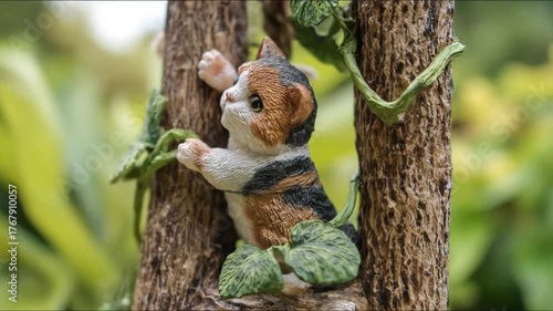 Close up of a decorative cat statue clinging to a tree framed by green leaves