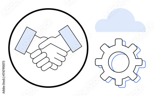 Handshake inside circle, gear, and cloud signify collaboration, teamwork, innovation, automation, cloud computing, partnerships and digital transformation. Ideal for business synergy technology