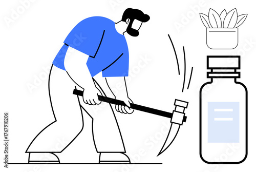 Worker using pickaxe with determination, a plant signifying growth, and a bottle symbolizing resources. Ideal for themes of hard work, growth, health, resource management, determination, self-care