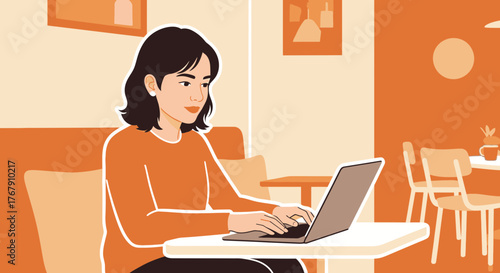 Woman working on a laptop at a cafe table, digital nomad concept