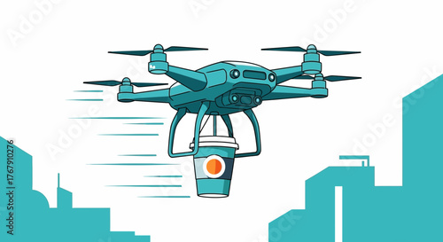A modern quadcopter drone delivering a hot cup of coffee over a futuristic city skyline. Concept of autonomous delivery services and future logistics