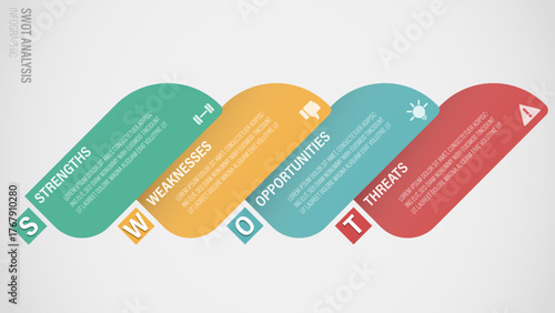 Modern S.W.O.T. (SWOT) analysis diagram for business planning, strategy, presentation, and marketing. Isolated on gray background.